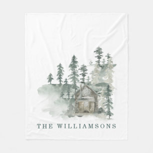Rustic Cabin Watercolor Forest Green Family Name  Fleece Blanket
