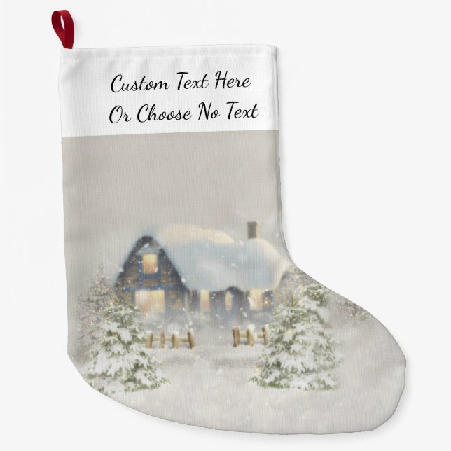 Rustic Cabin Winter Snow Woodland Forest Large Christmas Stocking (Front)