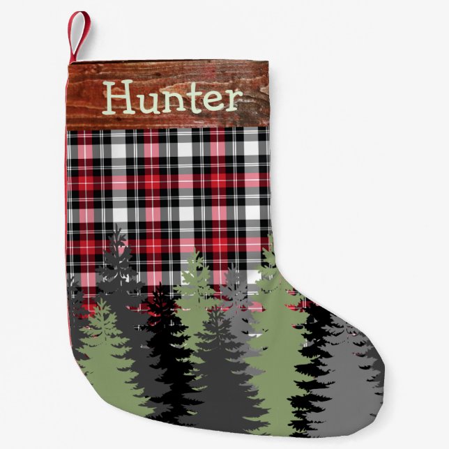 Rustic Cabin Woods Forest Plaid Custom Name Small Christmas Stocking (Front)