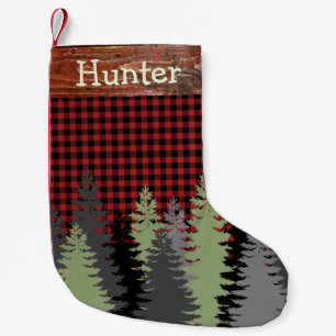 Rustic Cabin Woods Forest Red Black Plaid Name Small Christmas Stocking