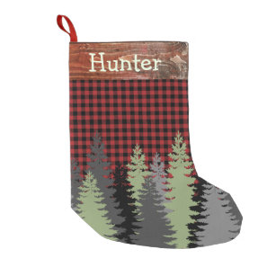 Rustic Cabin Woods Forest Red Black Plaid Name Small Christmas Stocking