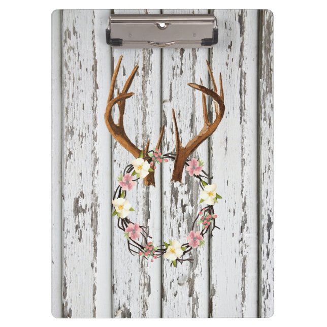 Rustic Cabin Wreath of Flowers on Antlers Design Clipboard (Front)