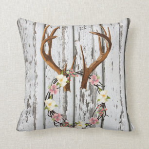 Rustic Cabin Wreath of Flowers on Antlers Design Throw Pillow