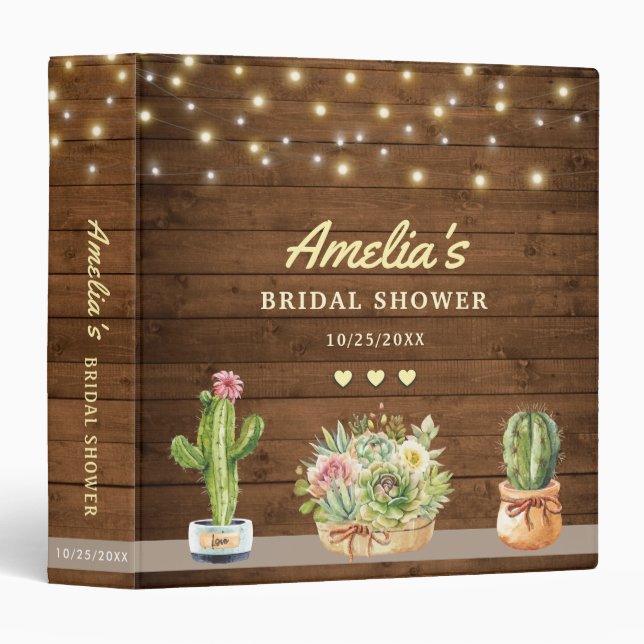 Rustic Cacti Succulent Bridal Shower Album Planner Binder (Front/Spine)
