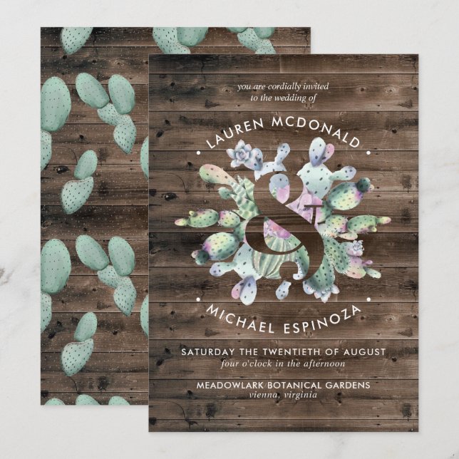 Rustic Cactus & Barnwood Wedding Invitation (Front/Back)