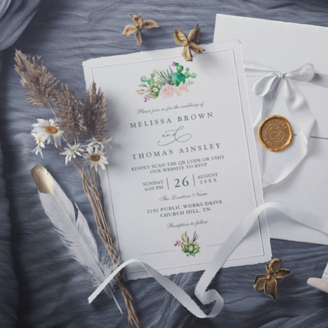 Rustic Cactus Rose Elegant Modern QR Code Wedding Invitation (Creator Uploaded)