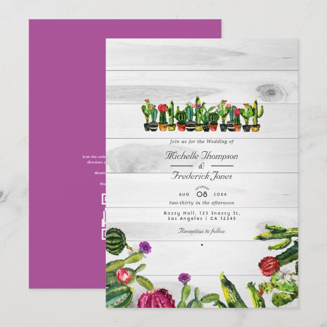 Rustic Cactus Succulents QR Code RSVP Wedding Invitation (Front/Back)