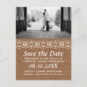 Rustic Calligraphic Faux Burlap Save the Date Announcement Postcard