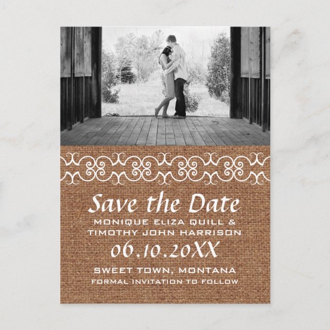 Rustic Calligraphic Faux Burlap Save the Date Announcement Postcard (Front)