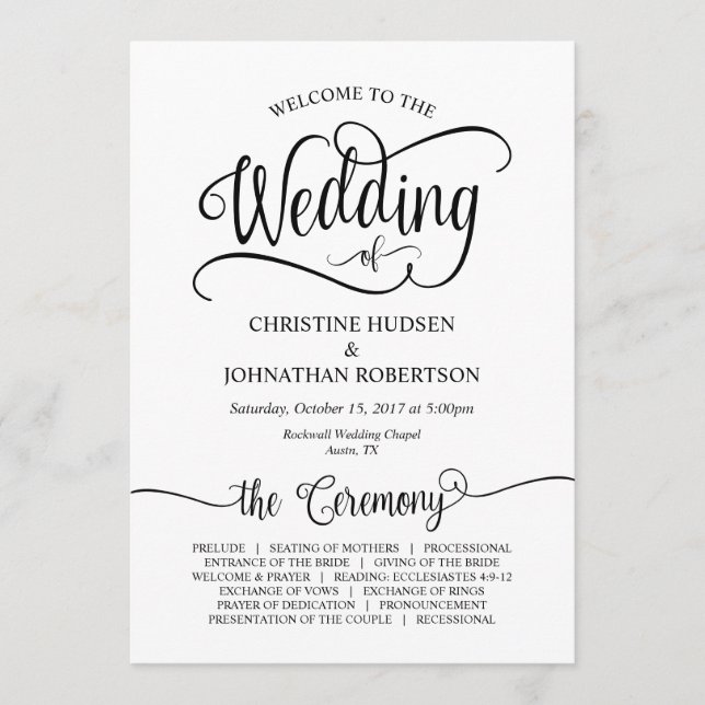 Rustic Calligraphy, Black font, Wedding Ceremony Program (Front)