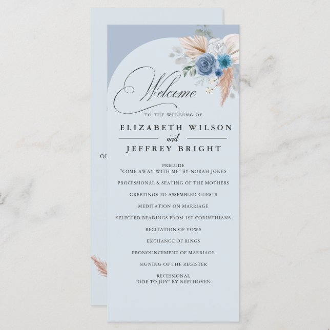 Rustic Calligraphy Boho Dusty Blue Pampas Wedding Program (Front/Back)