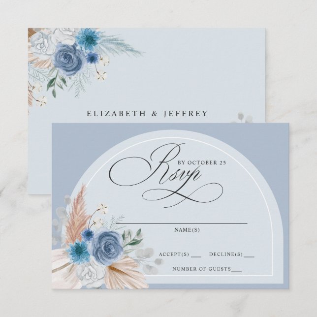 Rustic Calligraphy Boho Dusty Blue Pampas Wedding RSVP Card (Front/Back)
