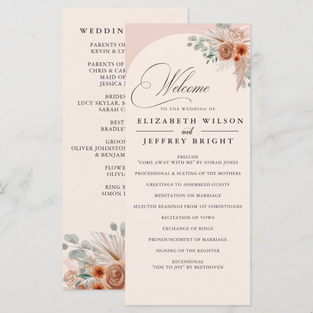 Rustic Calligraphy Boho Terracotta Pampas Wedding Program (Front/Back)