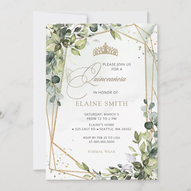 Rustic Calligraphy Greenery Eucalyptus Quinceanera Invitation (Front)
