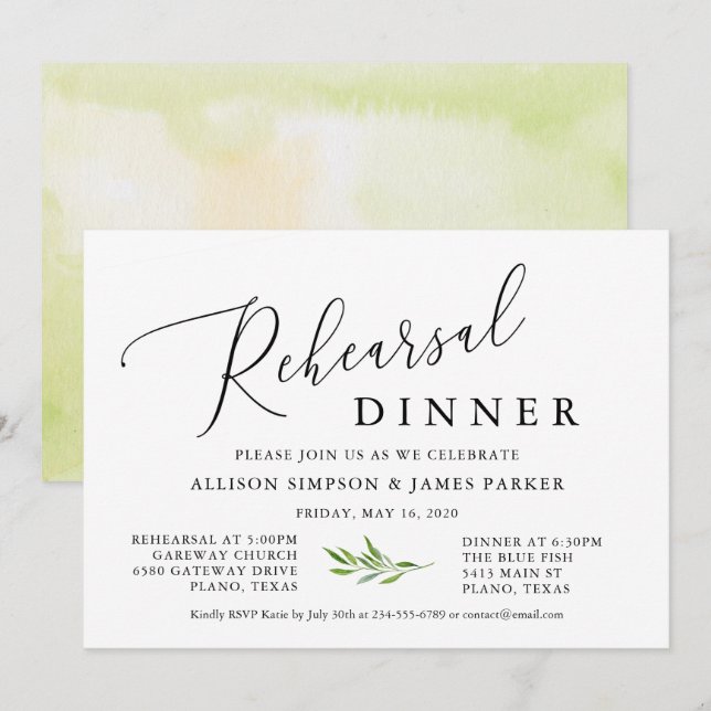 Rustic Calligraphy Greenery Rehearsal Dinner Invitation (Front/Back)