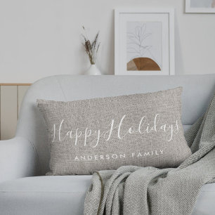 Rustic Calligraphy Happy Holidays Family Name Lumbar Pillow