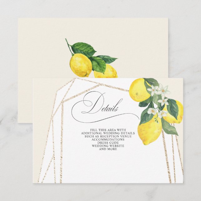 Rustic Calligraphy Lemon Citrus Summer Wedding Enclosure Card (Front/Back)
