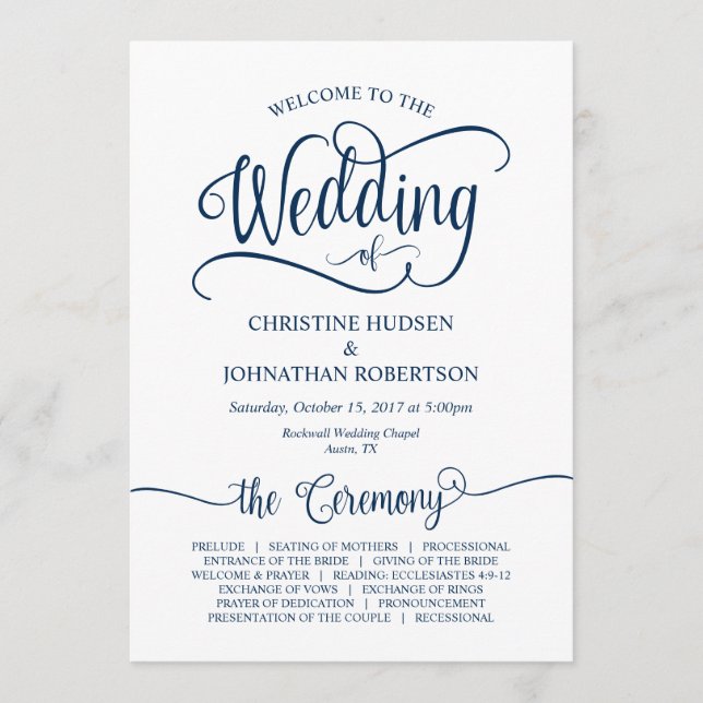Rustic Calligraphy, Navy Blue, Wedding Ceremony Program (Front)