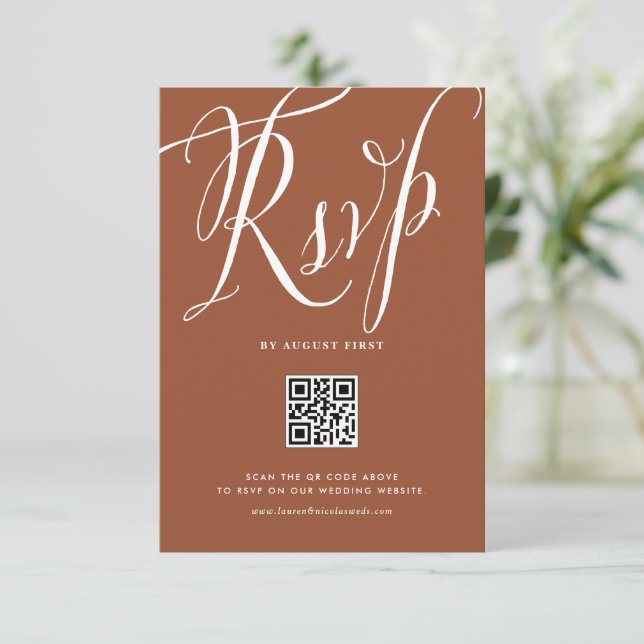 Rustic Calligraphy Terracotta QR Code Wedding RSVP Card (Standing Front)