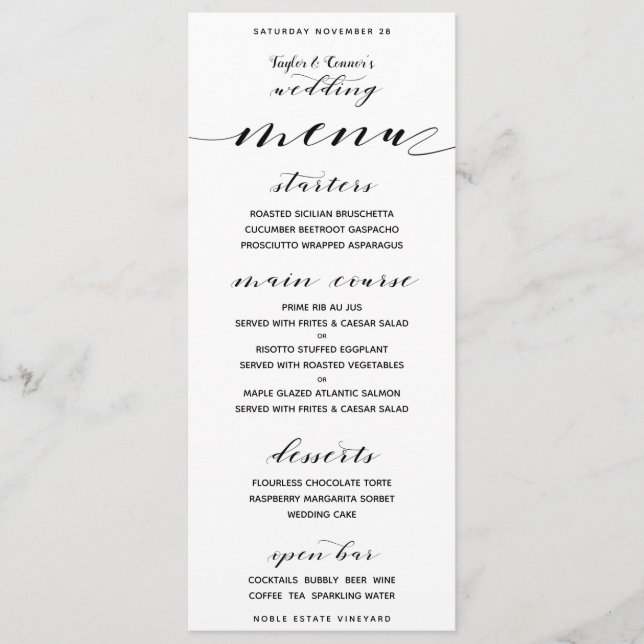 Rustic Calligraphy Wedding Open Bar Dinner Menu (Front)