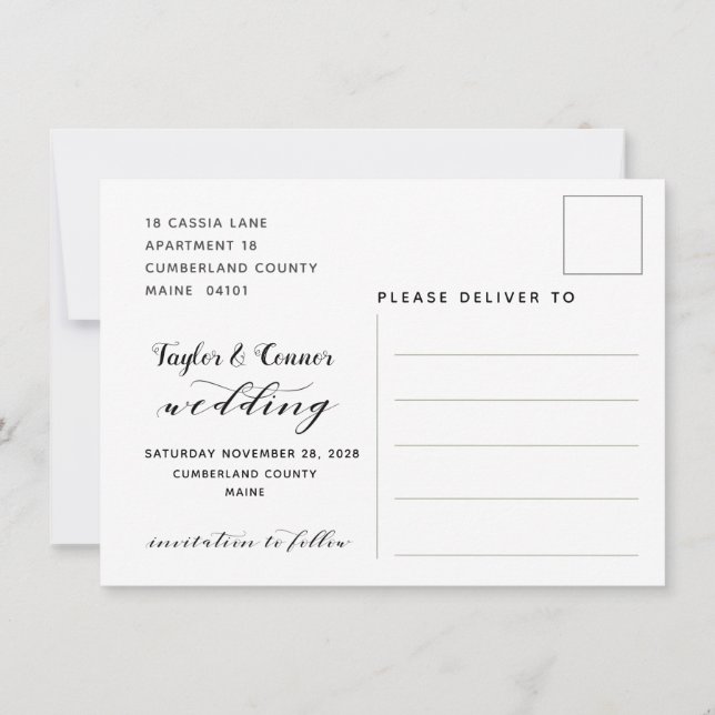 Rustic Calligraphy Wedding Save The Date Postcard (Back)