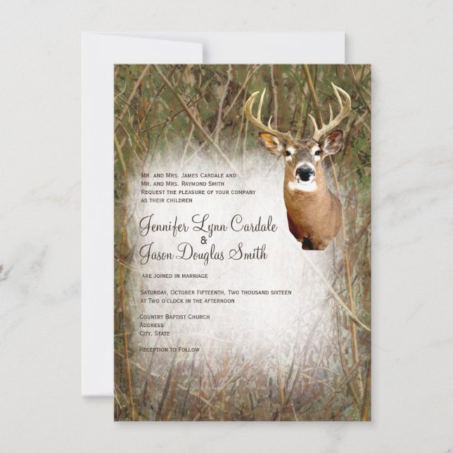 Rustic Camo Hunting Deer Antlers Wedding Invites (Front)