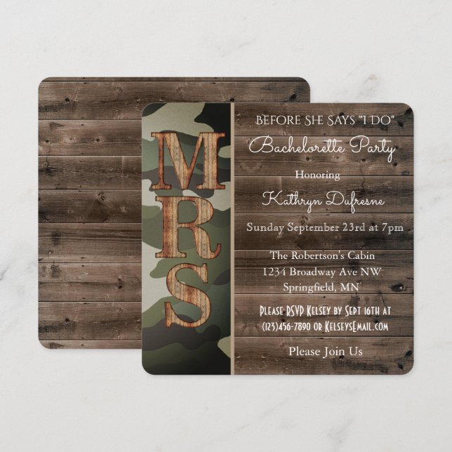 Rustic Camouflage Bachelorette Party Invitation (Front/Back)