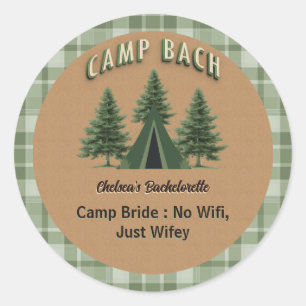 Rustic Camp Bach Plaid, Evergreen Tent Custom Text Classic Round Sticker