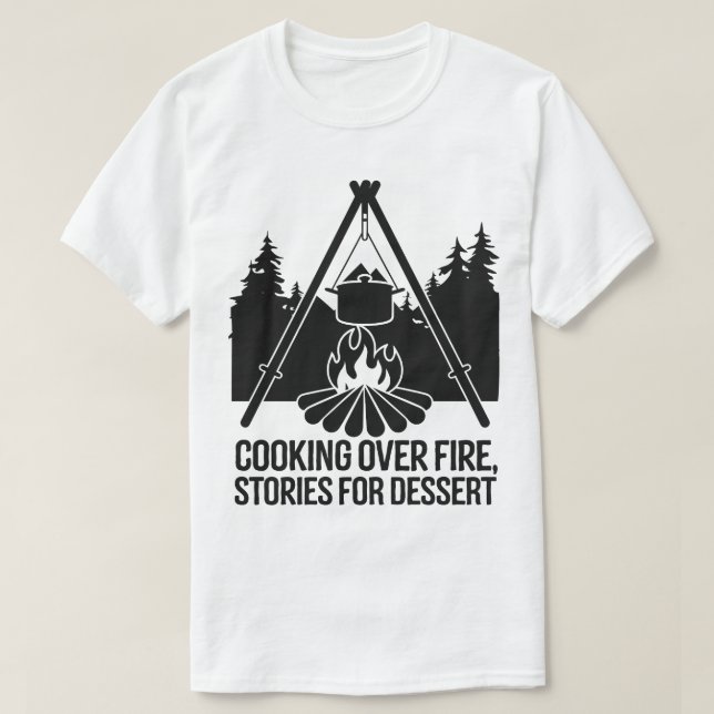 Rustic Campfire Cooking Under Pine Forest Night T-Shirt (Design Front)