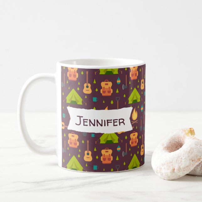 Rustic Camping Pattern Tents and Guitars Coffee Mug (With Donut)