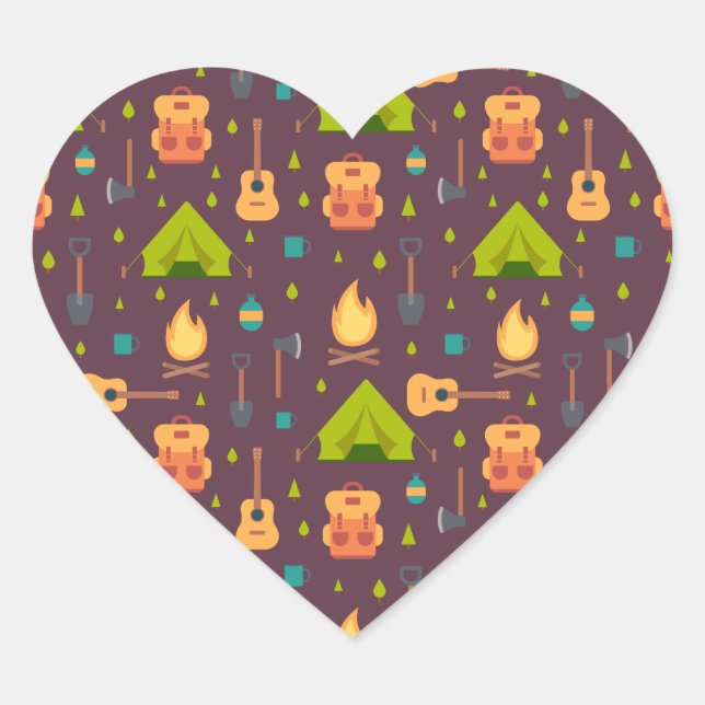 Rustic Camping Pattern Tents and Guitars Heart Sticker (Front)