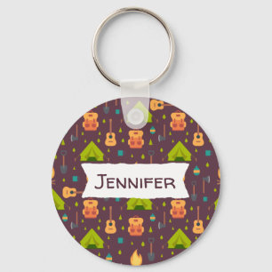 Rustic Camping Pattern Tents and Guitars Keychain