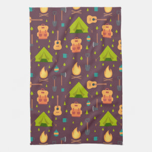 Rustic Camping Pattern Tents and Guitars Kitchen Towel