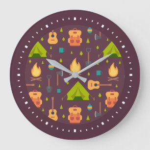 Rustic Camping Pattern Tents and Guitars Large Clock