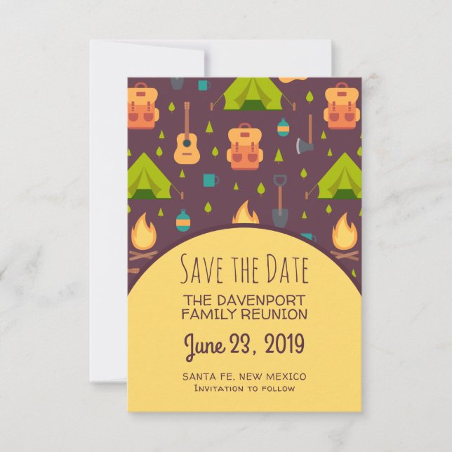 Rustic Camping Pattern Tents and Guitars Reunion Save The Date (Front)