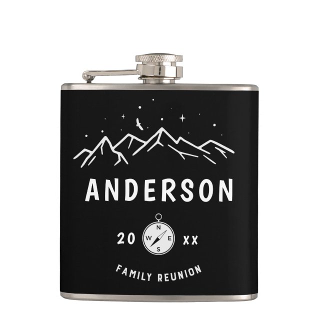 Rustic Camping Personalized Family Reunion Hip Flask (Front)