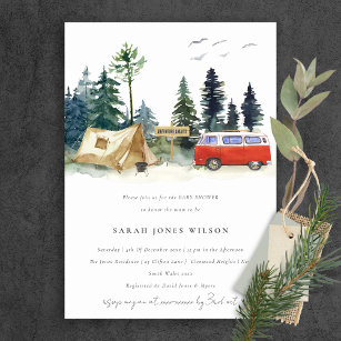 Rustic Camping Watercolor Pine Forest Baby Shower Invitation
