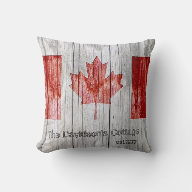 Rustic Canada Maple Leaf Flag Design on Grey Wood Throw Pillow (Front)