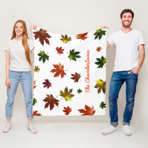 Rustic Canadian Maple Leaf with Your Name on White Fleece Blanket
