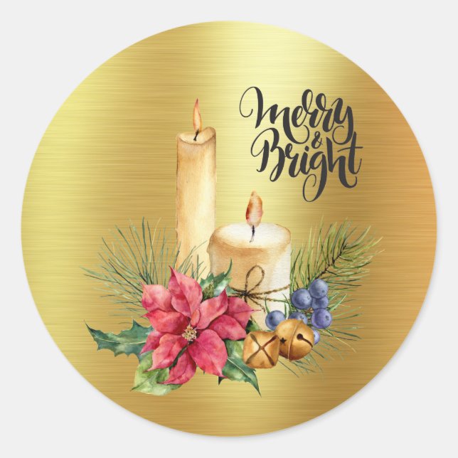 Rustic Candles and Poinsettias - Merry And Bright Classic Round Sticker (Front)