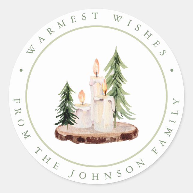 Rustic Candles on Wood Christmas Warmest Wishes Classic Round Sticker (Front)