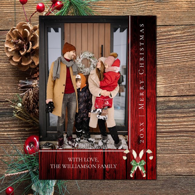 Rustic Candy Canes Christmas | Red Holiday Card (Red Rustic Candy Canes Christmas Photo Card)