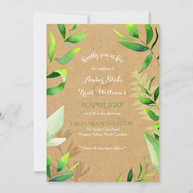 Rustic Cardboard Watercolor Greenery Wedding Invitation (Front)
