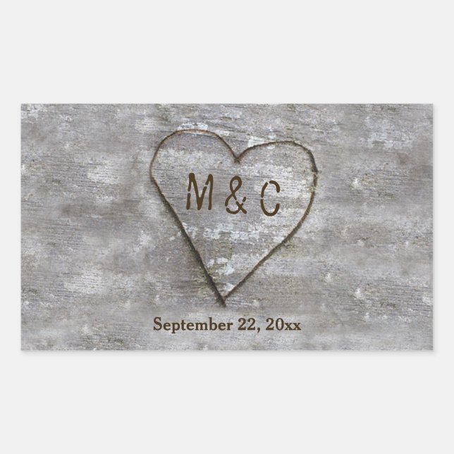 Rustic Carved Birch Heart Monogram Sticker (Front)