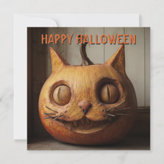 Rustic Carved Cat Jack O Lantern Halloween Holiday Card