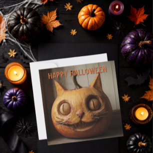 Rustic Carved Cat Jack O Lantern Halloween Holiday Card