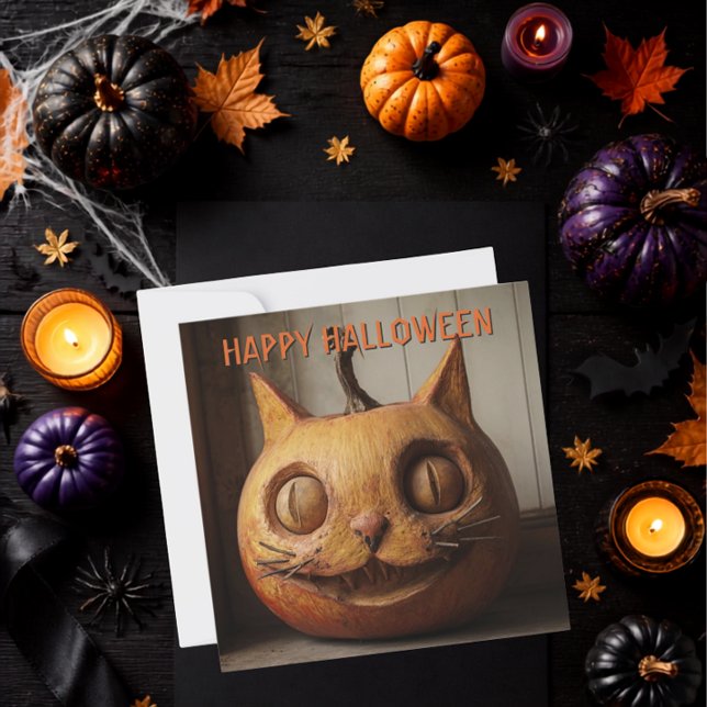 Rustic Carved Cat Jack O Lantern Halloween Holiday Card (Creator Uploaded)