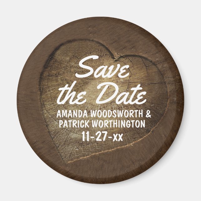 Rustic Carved Heart Oak Tree Slice Save the Date Magnet (Front)
