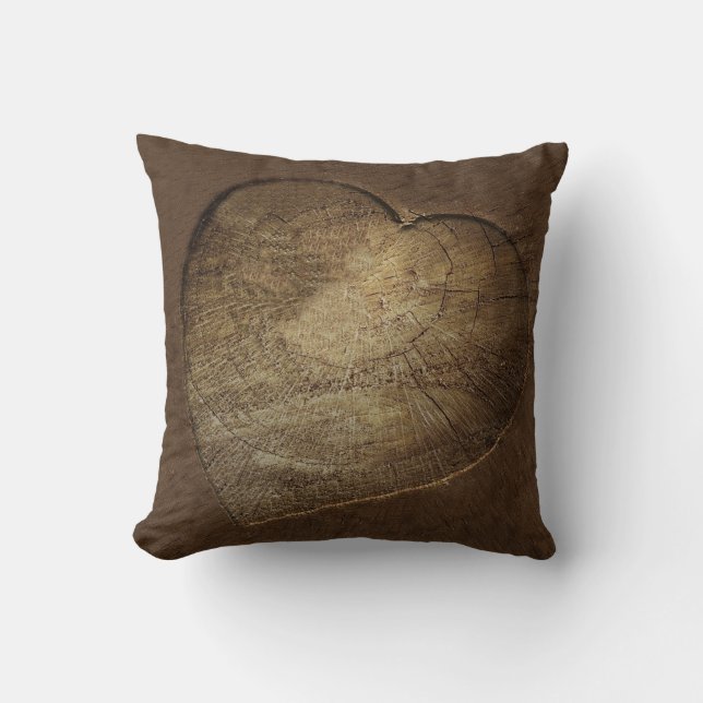 Rustic Carved Heart Oak Tree Slice Throw Pillow (Front)