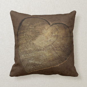 Rustic Carved Heart Oak Tree Slice Throw Pillow